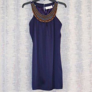 Navy Blue Satin Dress with Beaded Neck